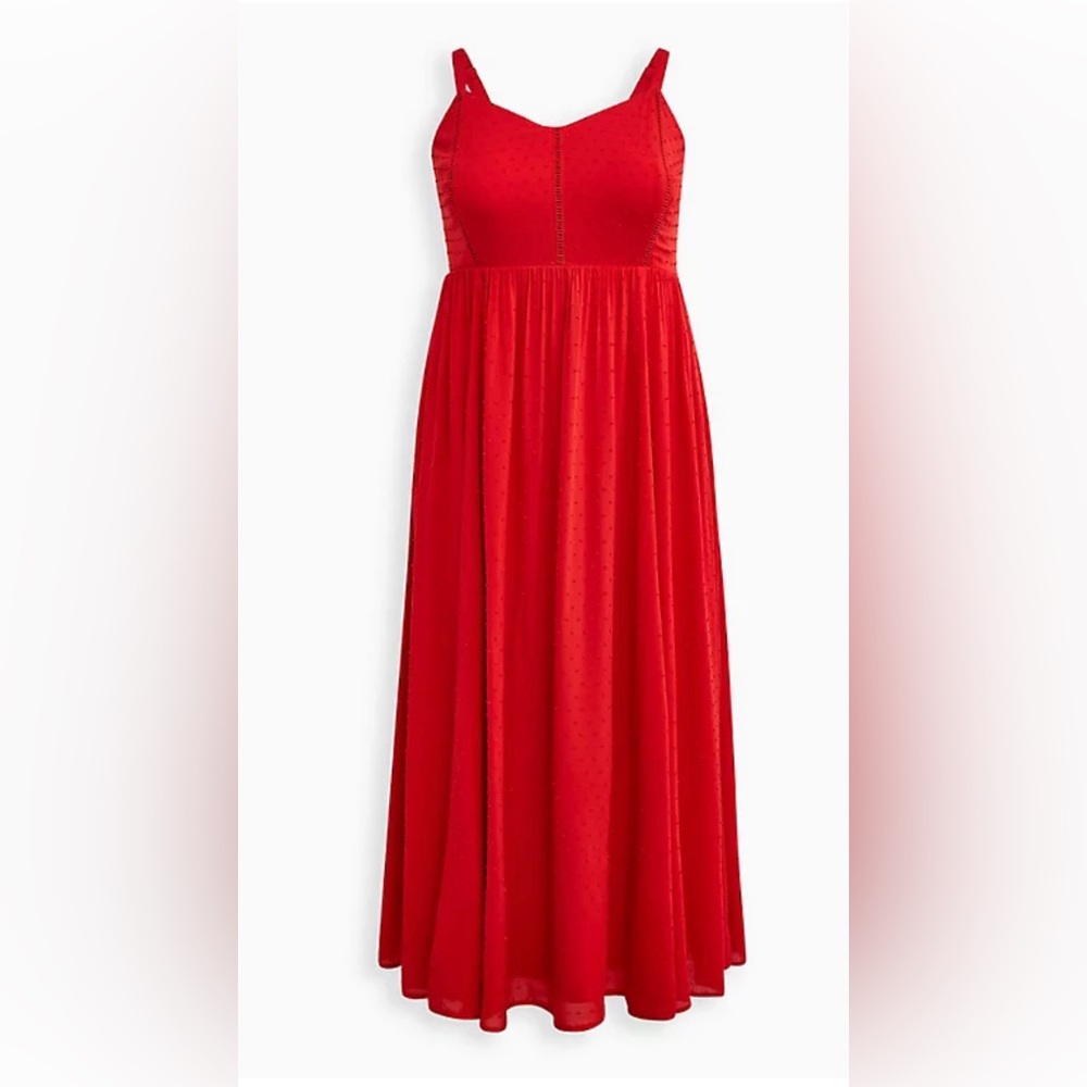 NWT Torrid Size 0 (12) Ladder Trimmed Maxi Dress - Swiss Dot Chiffon Red